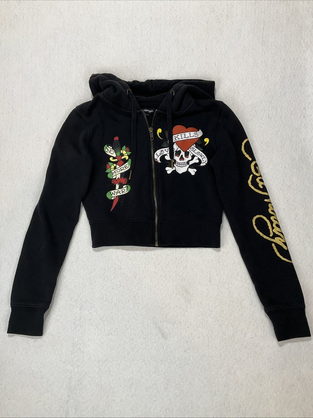 Vintage Y2K Ed Hardy Love Kills Slowly Skull Crop Hoodie Jacket Womens S Tattoo